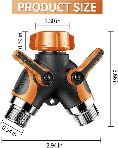 2 Way Garden Hose Y Splitter, 3/4 Inch Heavy Duty Metal Faucet Splitter | 2 Pack 3/4" Garden Hose Splitter Heavy Duty Water Faucet Splitter with Comfortable Rubberized Grip + 6 Extra Rubber Washers