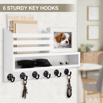 Key and Mail Holder Wall Mount, Key Hanger with Long Storage Box and 5 Hooks for Coat, Dog Leash, Home Decor Rack, House Accessories, Entry Way Organizer 11.8”W x 7.8”H x 3.2”D