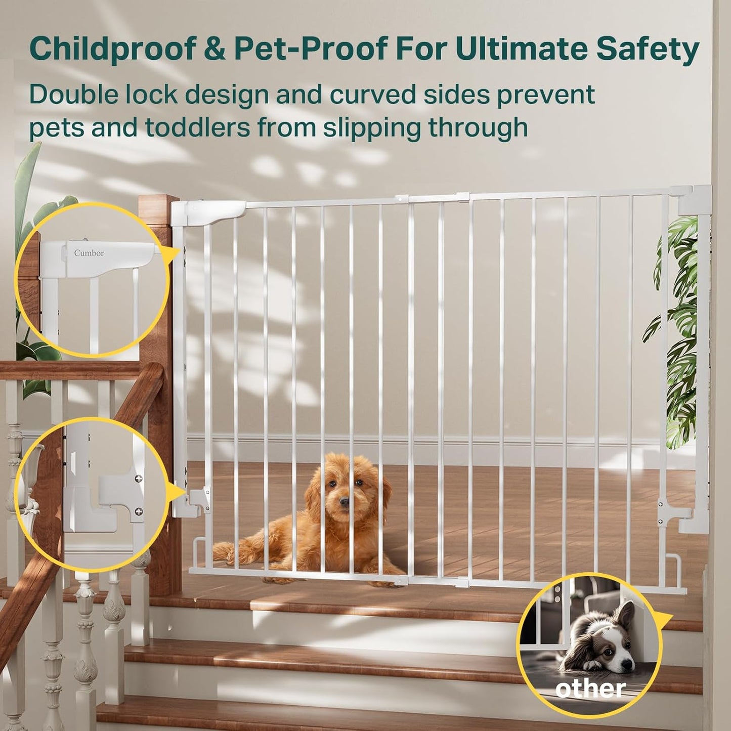 Cumbor 29.2–43" Baby Gate for Stairs, Hardware Mounted (Drill Required), Expandable No Bottom Bar Dog Gate, Auto Close Extra Wide Walk Thru, Pet & Toddler Proof Gate, Top & Bottom of Stairways (White)