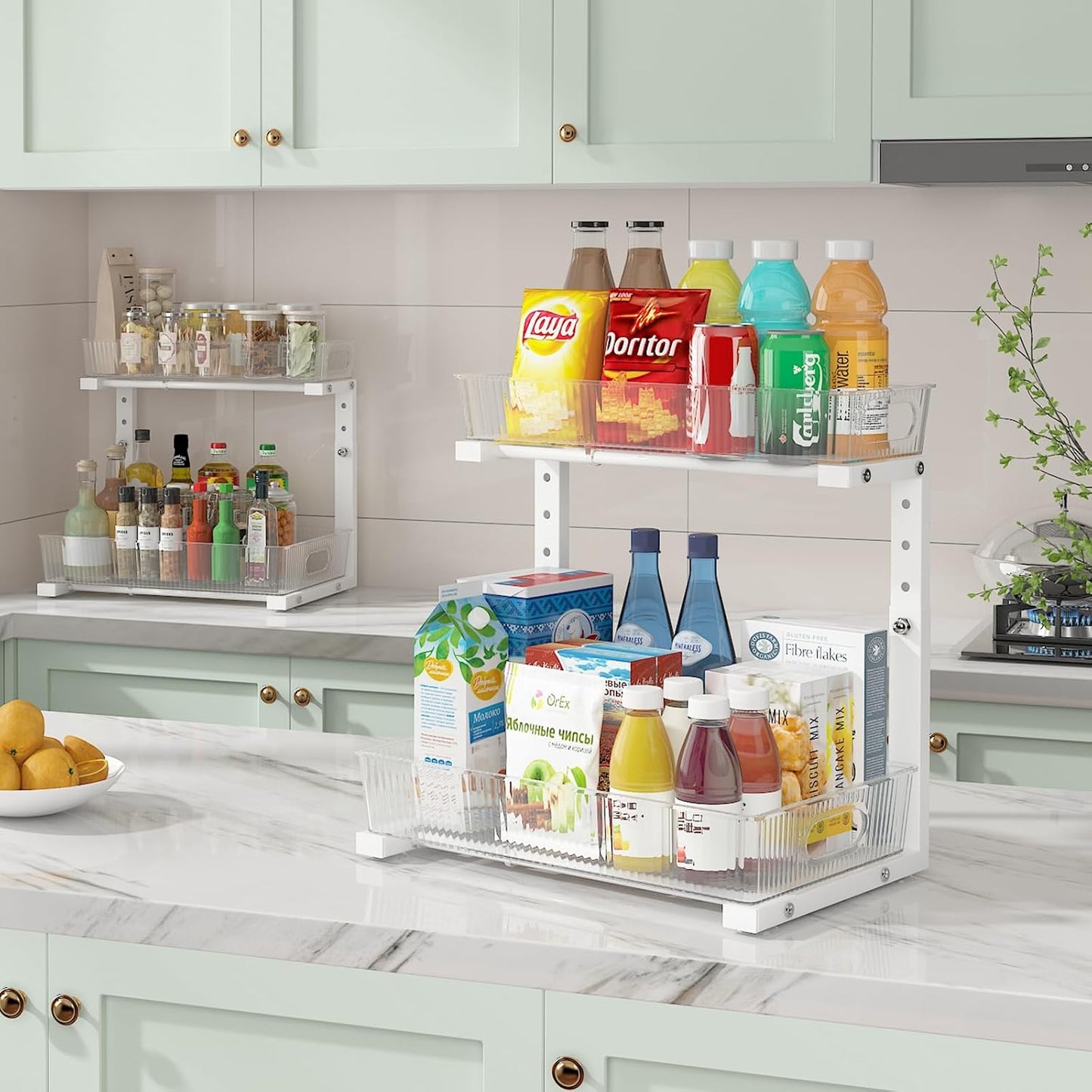 ADRIMER Under Sink Organizer 2 Packs, Pull Out Kitchen Sink Organizer, 2 Tier Slide Out Kitchen Organizers and Storage Bathroom Under Cabinet Storage Shelf, Transparent & White