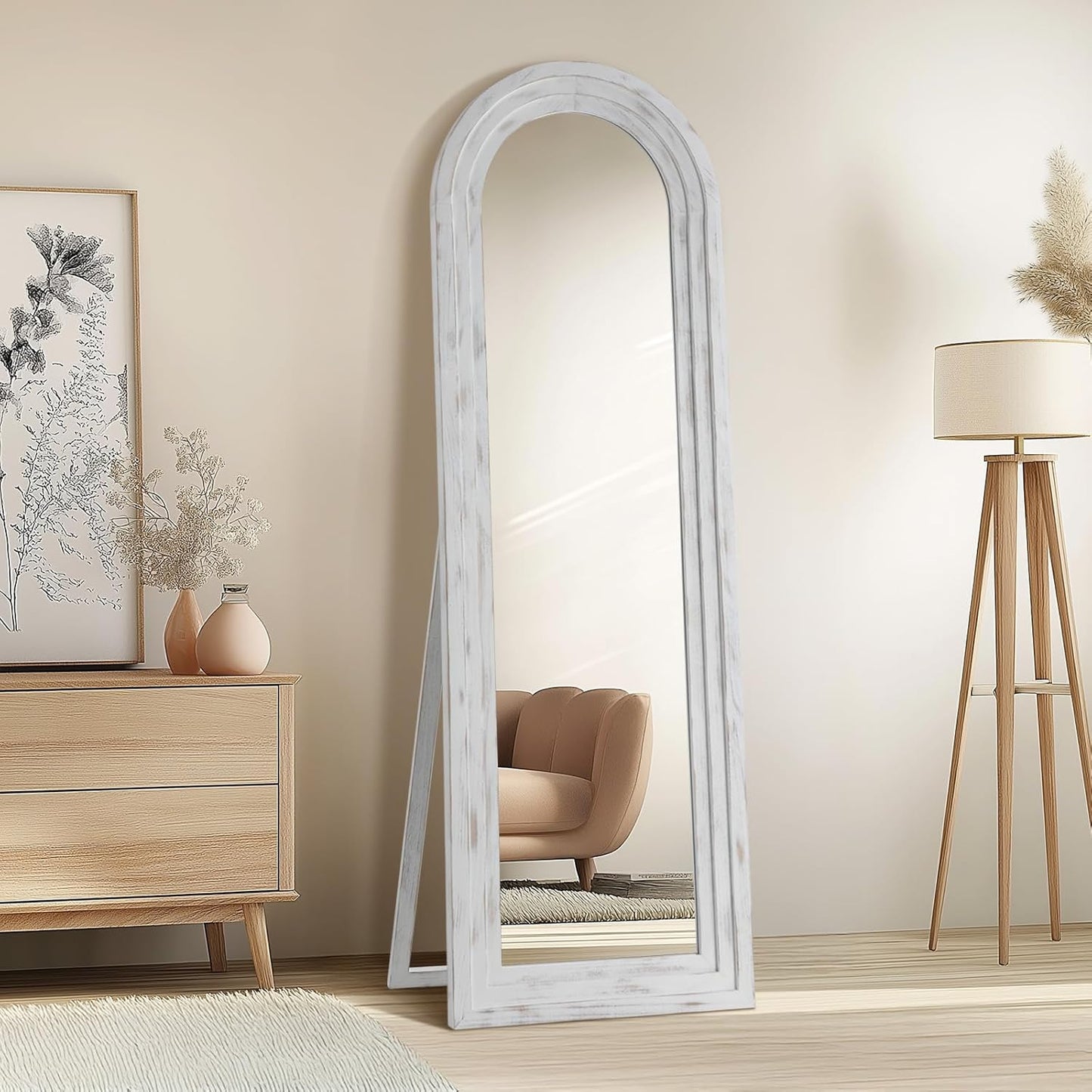 MELOMOIR Arched Full Length Mirror with Solid Wood Frame, 56"x21" Rustic Farmhouse Floor Mirror with Stand, Free Standing Leaning Hanging, for Bedroom Living Room Dressing Room Entryway, Brown
