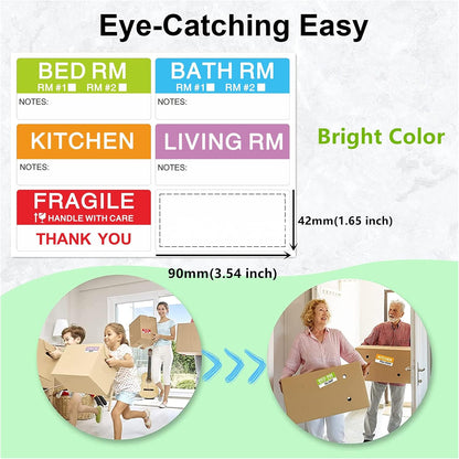 120 Pcs Home Moving Stickers Packing Box Color Coding Labels, 5 Different Living Spaces + 1 Blank Label, 6 Colors/Sheet（20 Sheets） 1 5/8 × 3 1/2 Inch