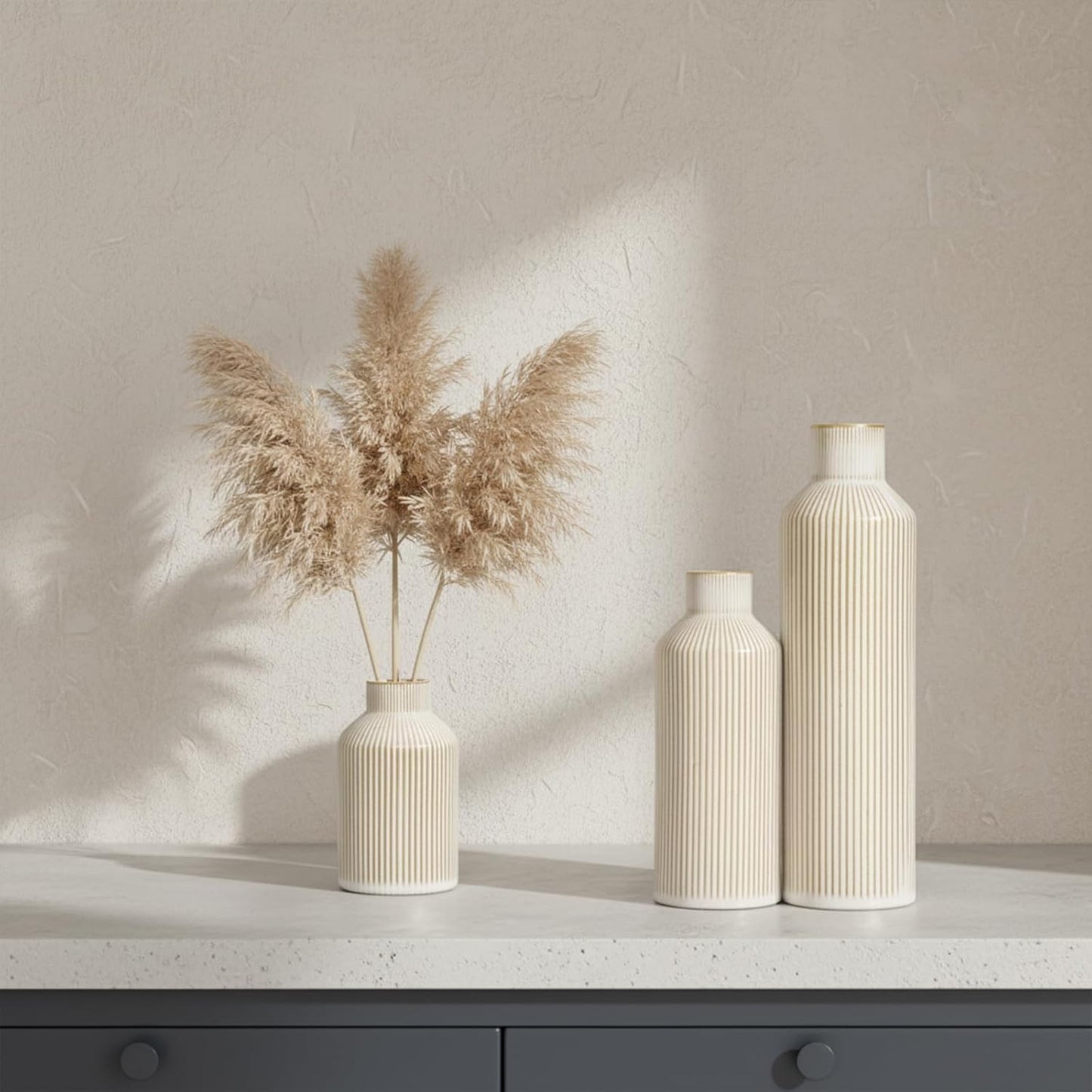 Brown Ceramic Vase Set of 3 - Rustic Farmhouse Vases for Centerpieces Small Modern Decorative Vase for Flower Kitchen Bathroom Bedroom Living Room Shelf Home Decor