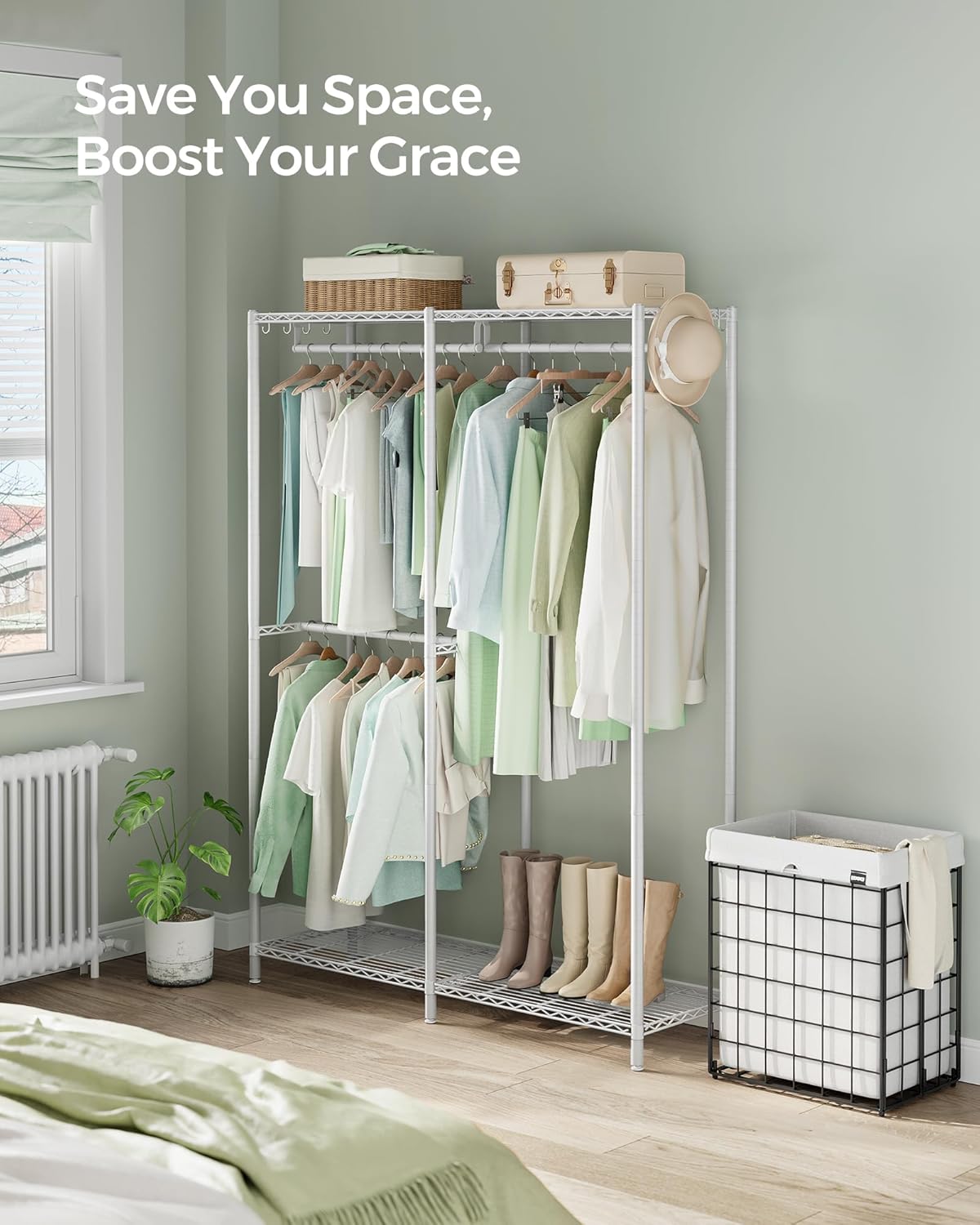 SONGMICS Heavy-Duty Clothes Rack, Garment Rack, Portable Closet, 68.7-Inch Wide Clothing Rack with Adjustable Mesh Shelves and Hanging Rails, Ink Black ULGR433B01