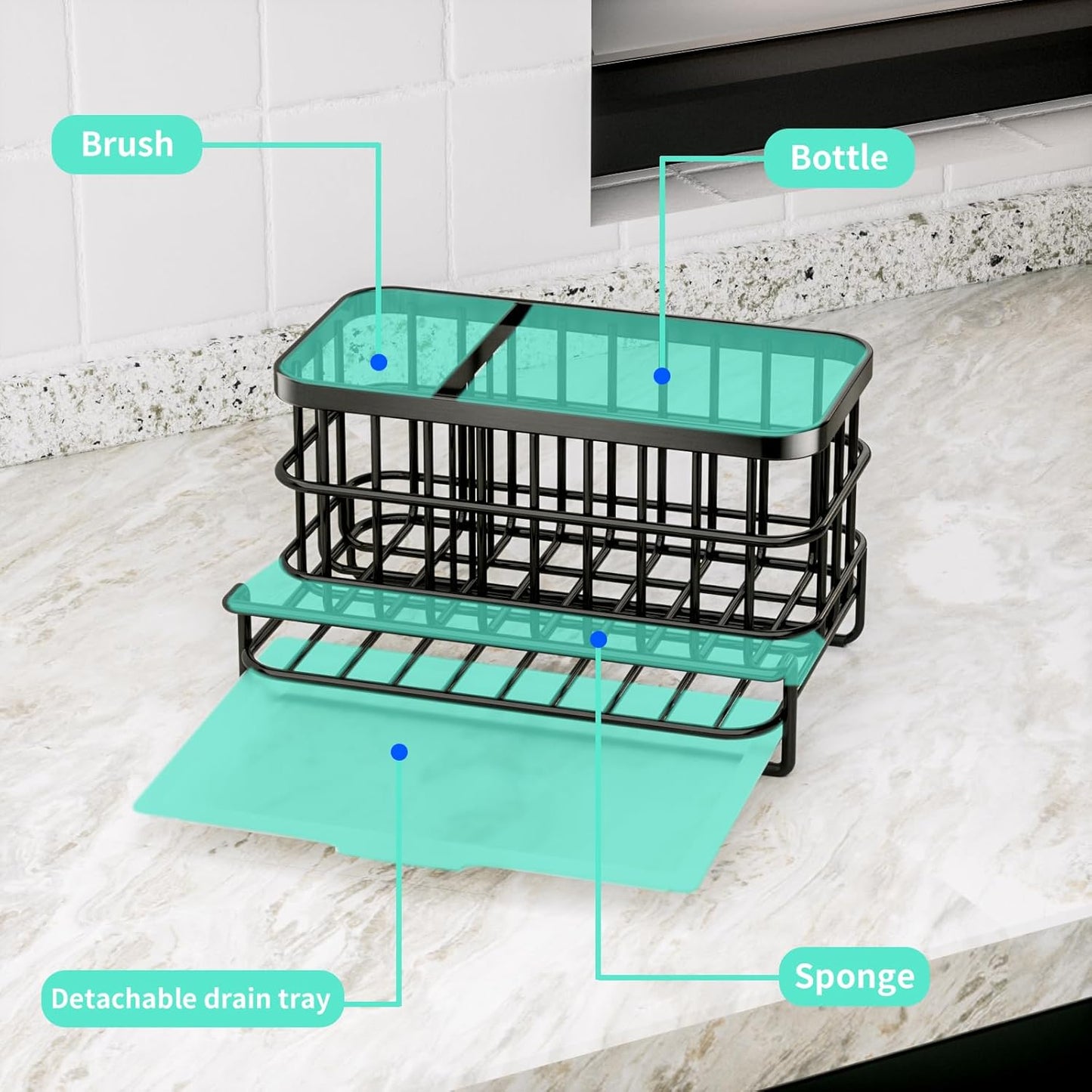 HapiRm Kitchen Sink Organizer, SUS304 Stainless Steel Rustproof Multifunctional Large Sink Caddy with Sponge Holder and Drain Tray for Kitchen Countertop (Silver)