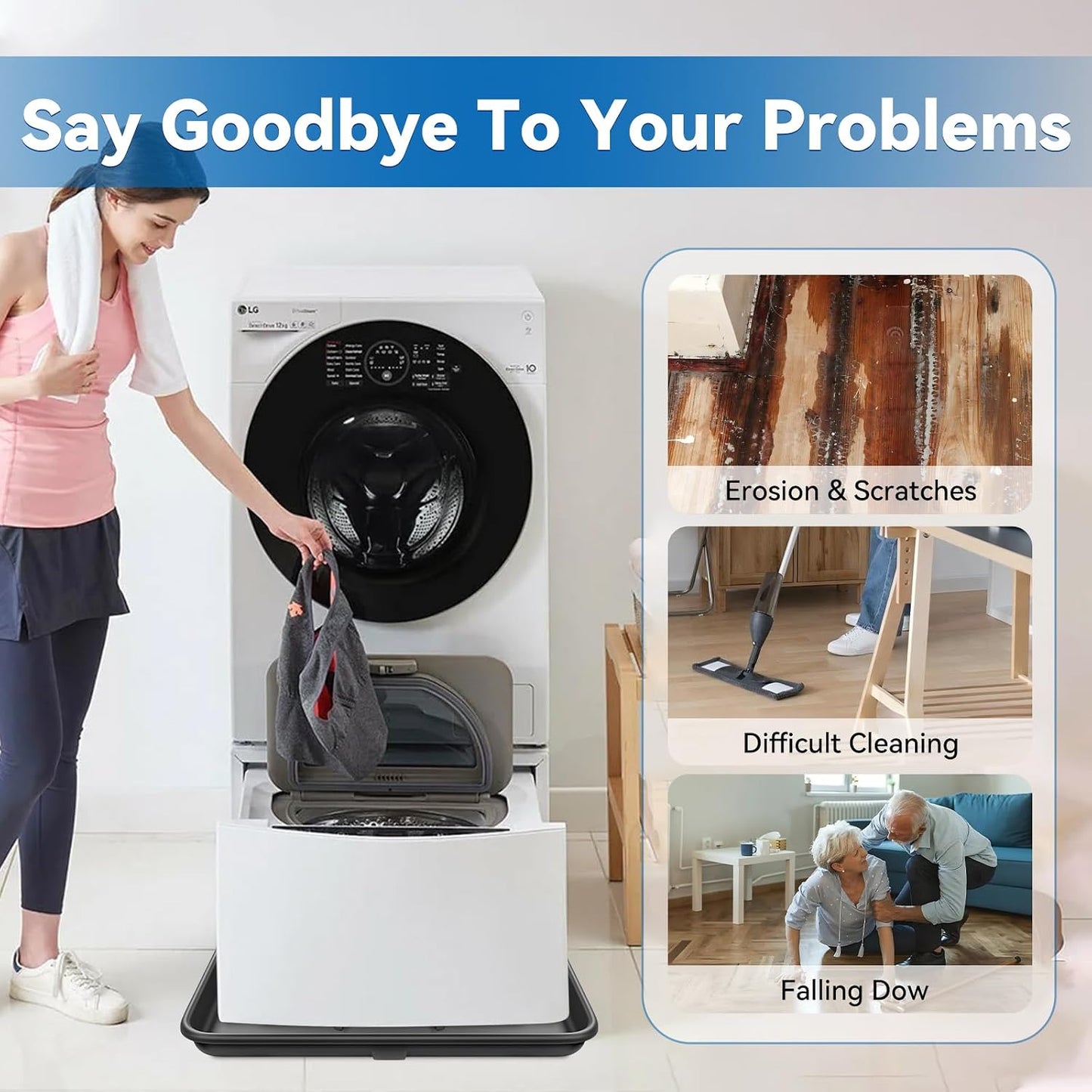 30x32inch Washing Machine Drain Pan, with Raised Edge, Features a Heavy Durable Plastic, Floor Protector - Protects Floors from Leaksf, with 1" Drain Fittings, Black