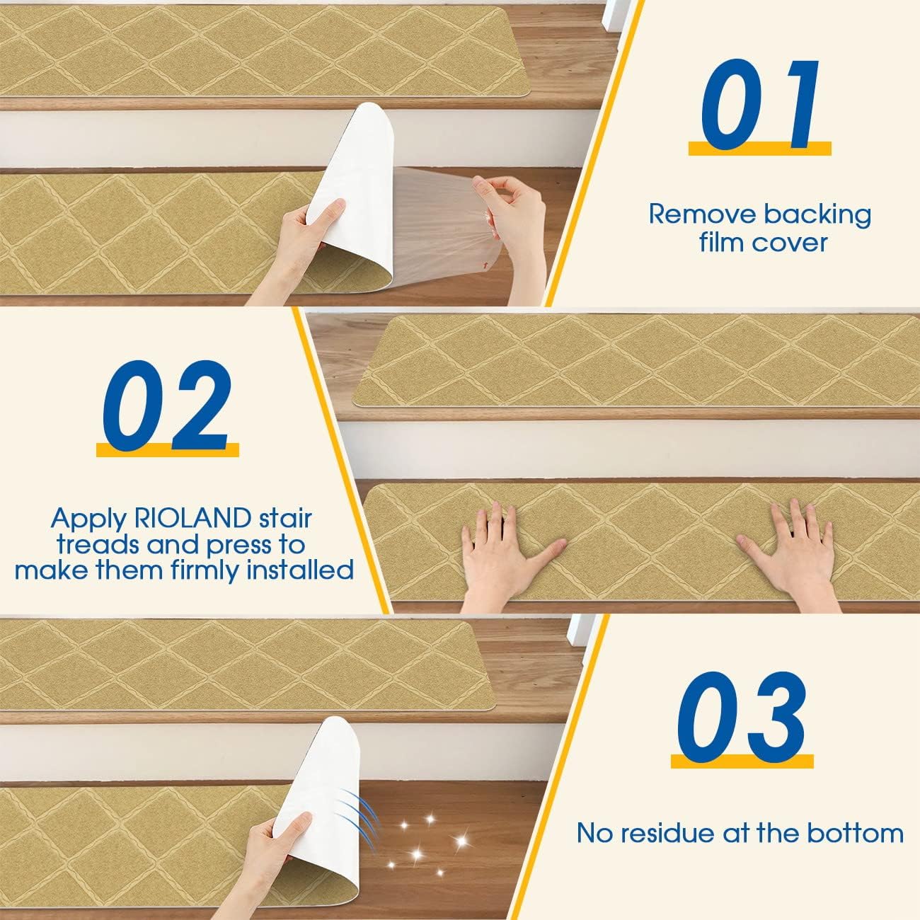 RIOLAND Stair Treads Carpet Non-Slip Indoor 15 PCS Wood Stair Treads Rugs Anti Moving Modern Stair Runners Safety for Kids Dogs, 8" X 30", Diamond Gray