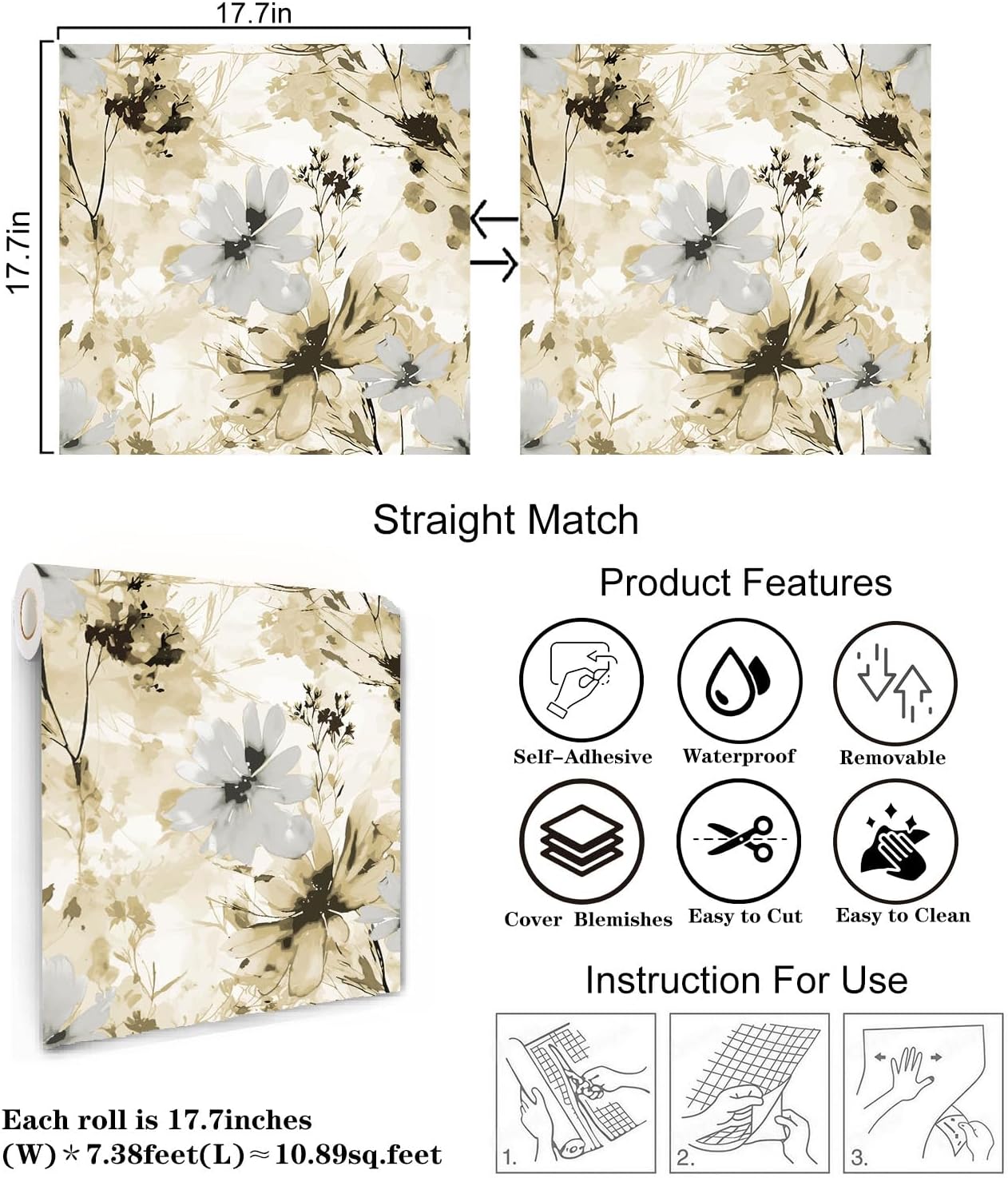 Red Watercolor Floral Peel and Stick Wallpaper Removable Self Adhesive Floral Wall Covering for Living Room Bedroom Accent Wall 17.7 x 70.8 in