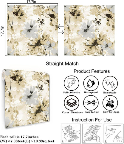 Red Watercolor Floral Peel and Stick Wallpaper Removable Self Adhesive Floral Wall Covering for Living Room Bedroom Accent Wall 17.7 x 70.8 in
