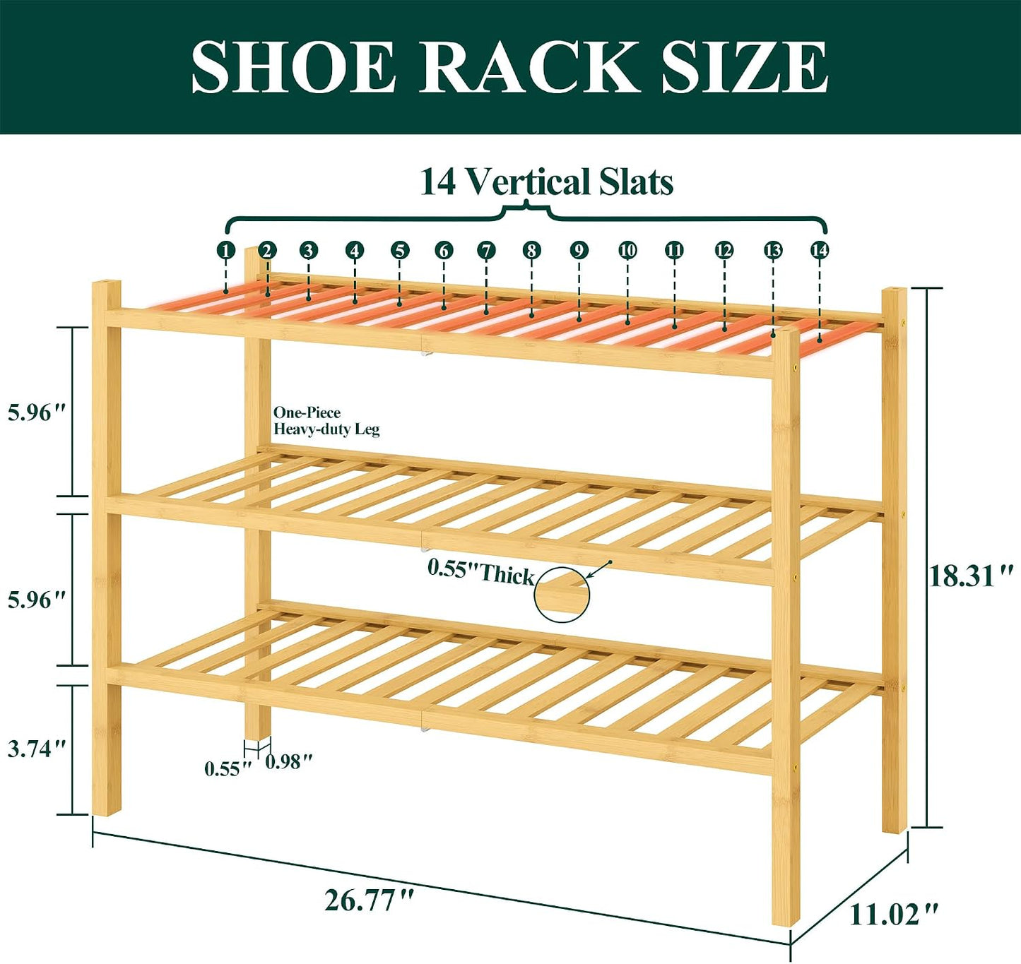 Smiry Bamboo Shoe Rack for Closet, 3 Tier Wooden Shoe Organizer, Stackable Wood Shoe Storage Shelf for Entryway, 14 Vertical Slats, One-piece Heavy-Duty Legs, 26.77"x11.02"x18.31", Natural
