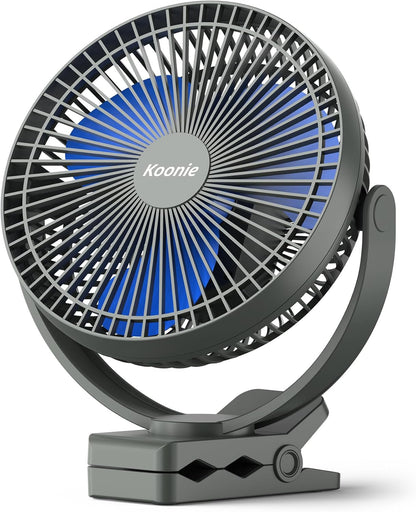 Koonie 8" Clip on Fan, 10000mAh Rechargeable Battery, Strong Airflow | 4 Speeds, Sturdy Clamp, Ideal Portable USB Desk Fan for Office, Golf Cart, Camping, Travel, Tent, Outdoor, Treadmill & Gym