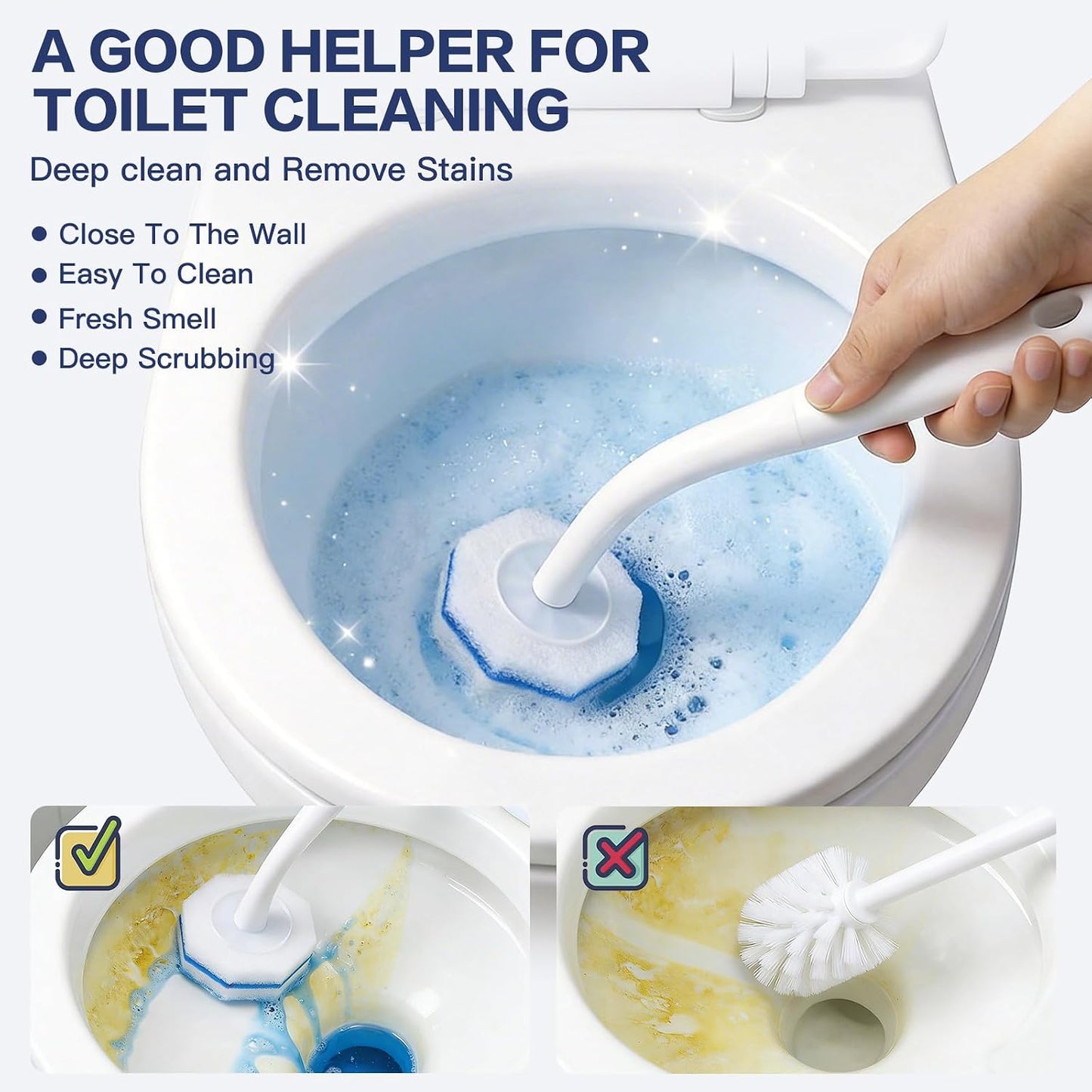 50 Pack Disposable Toilet Brush Refills, Universal Compatible Replacement Heads, 3-Layer Deep Cleaning Sponges for Bathroom Wand, Blue & White Striped Scrubbers