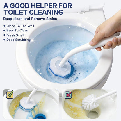 50 Pack Disposable Toilet Brush Refills, Universal Compatible Replacement Heads, 3-Layer Deep Cleaning Sponges for Bathroom Wand, Blue & White Striped Scrubbers