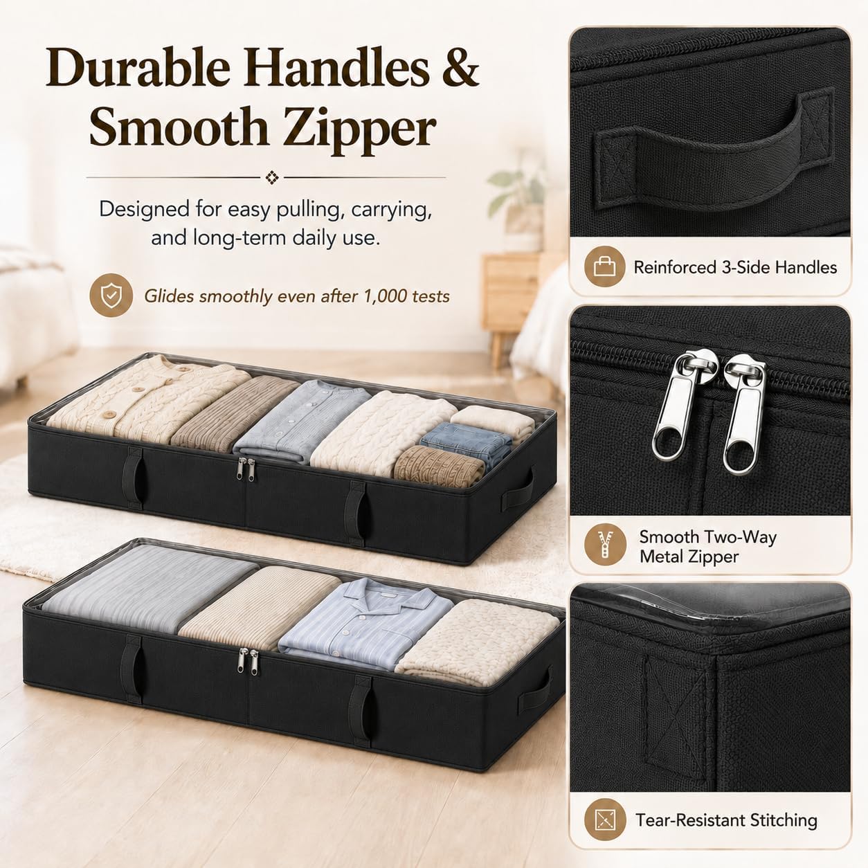 Vailando Side-Supported Under Bed Storage Containers, 6 Inches Tall 60L Underbed Storage Bins with Sturdy Handles and Sidewalls, Closet Organizer for Clothes, Blankets, Seasonal Items, Beige, 2-Pack
