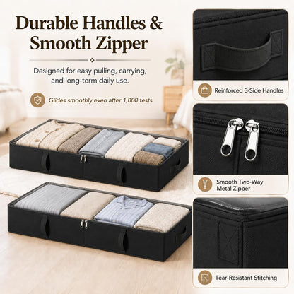 Vailando Side-Supported Under Bed Storage Containers, 6 Inches Tall 60L Underbed Storage Bins with Sturdy Handles and Sidewalls, Closet Organizer for Clothes, Blankets, Seasonal Items, Beige, 2-Pack