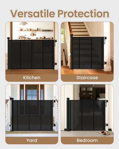 Retractable Baby Gate, 55" Wide Reinforced Mesh Baby Gate with 4 Fiberglass Support Rods for a Tighter Fit, 34" Tall Retractable Dog Gate for Stairways, Hallways and Doorways, Black