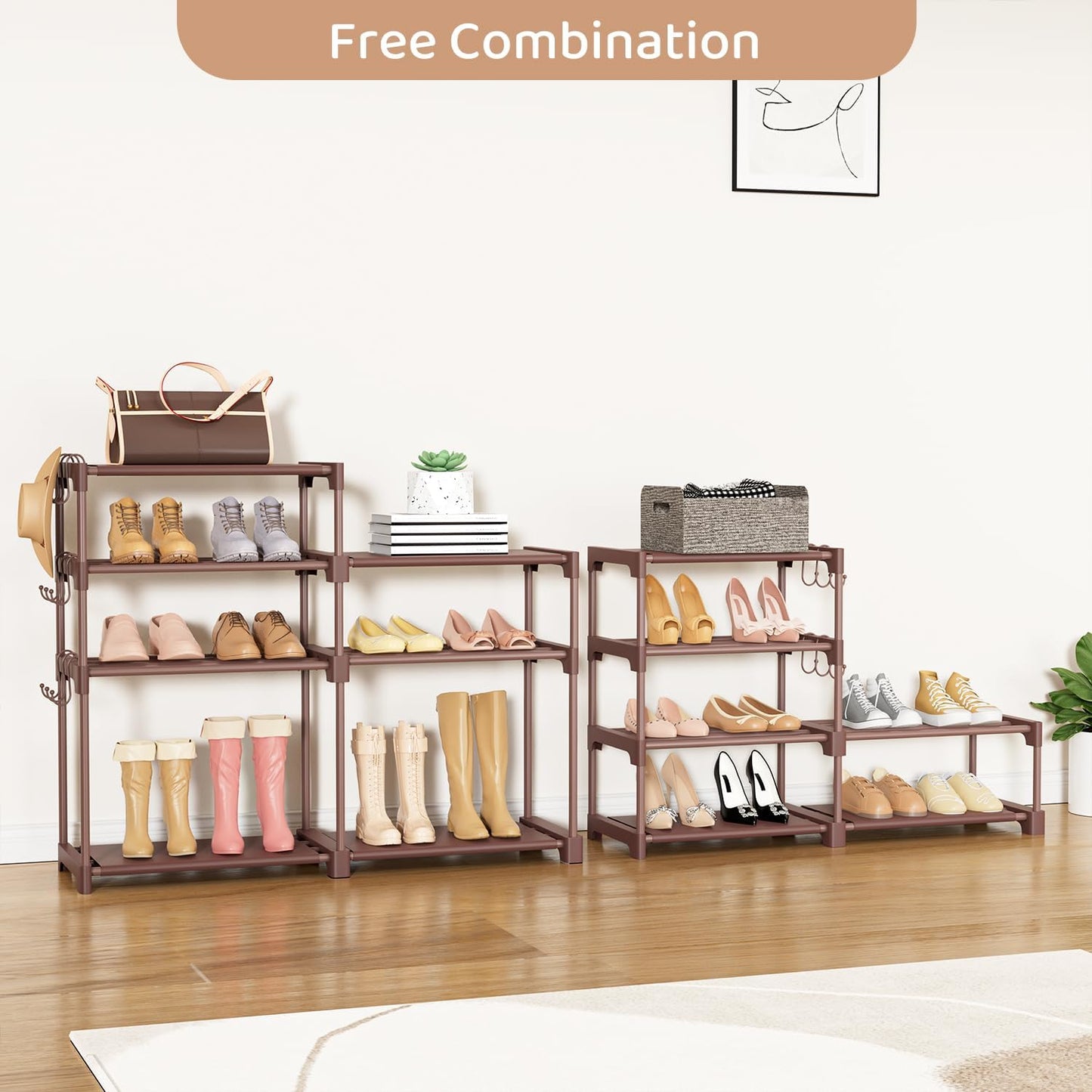 ROJASOP Shoe Rack Organizer, 8-Tier Metal Shoe Rack for Closet Entryway Garage, 26-32 Pairs Tall Shoe Boot Storage Shelf with 15 Hooks, Stackable Large Shoe Stand