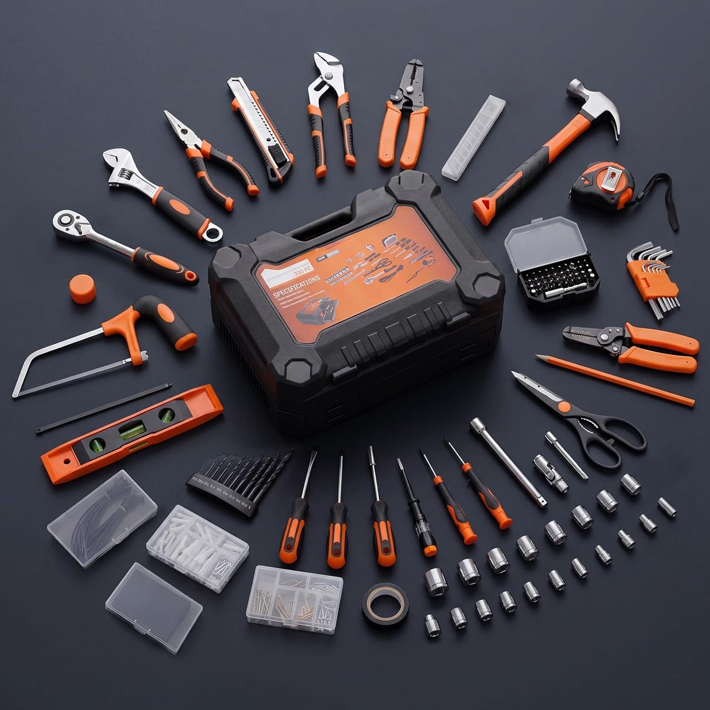 DUMOS 330-Piece Complete Homeowners Tool Box Set with Pull-Out Drawer | Durable Tool Kit, Versatile Home Repair Tool Kit for Auto & Household, DIY Projects