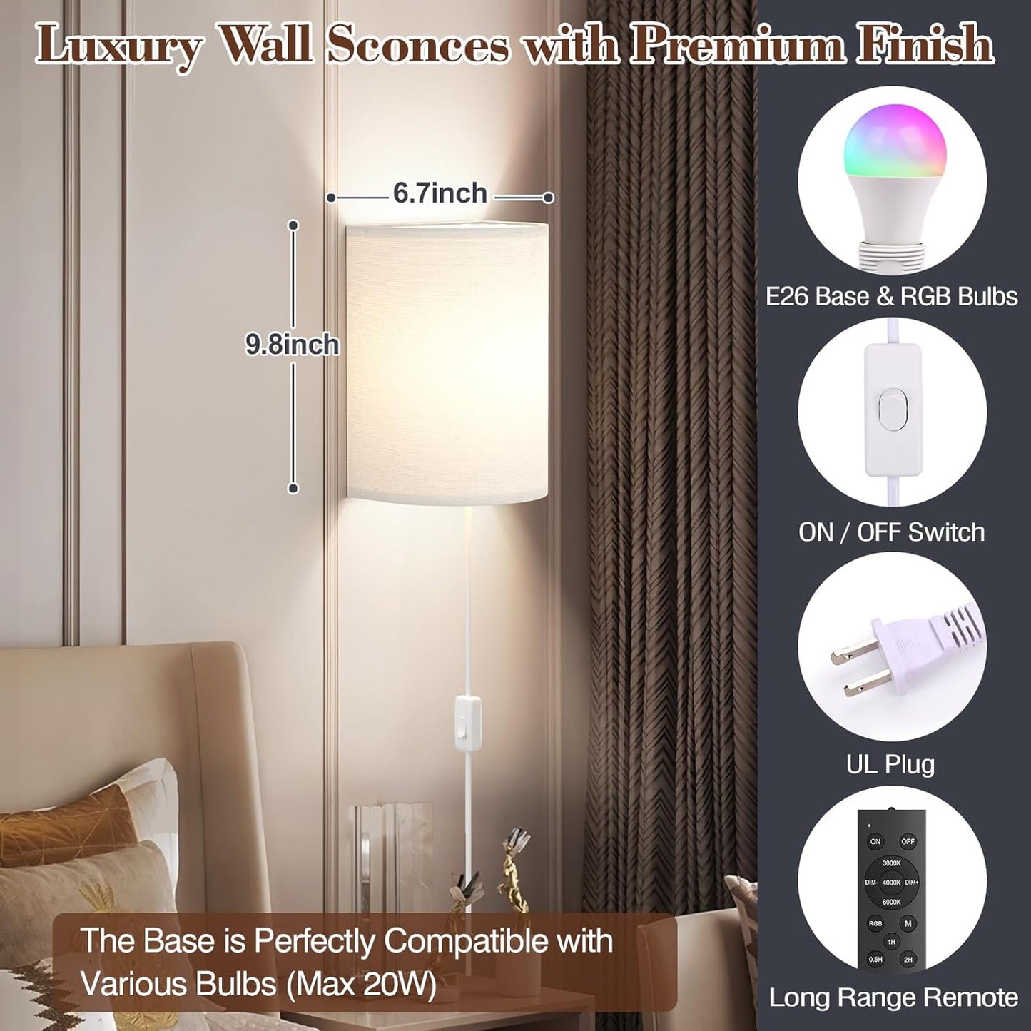Battery Operated Wall Sconce Set of Two: 10000mAh Wireless Wall Light with Rechargeable Magnetic Bulb - Dimmable Wall Lamp with 7 RGB Colors - Linen Shade Sconces with Remote for Bedroom Living Room