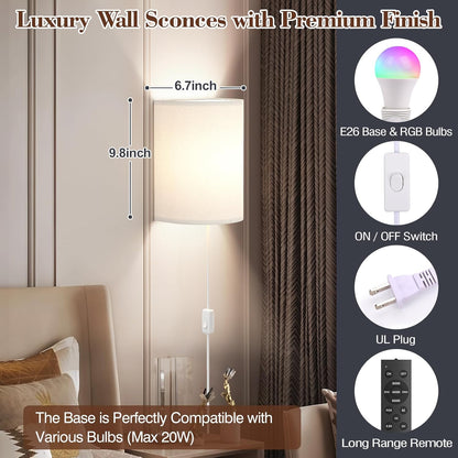 Battery Operated Wall Sconce Set of Two: 10000mAh Wireless Wall Light with Rechargeable Magnetic Bulb - Dimmable Wall Lamp with 7 RGB Colors - Linen Shade Sconces with Remote for Bedroom Living Room