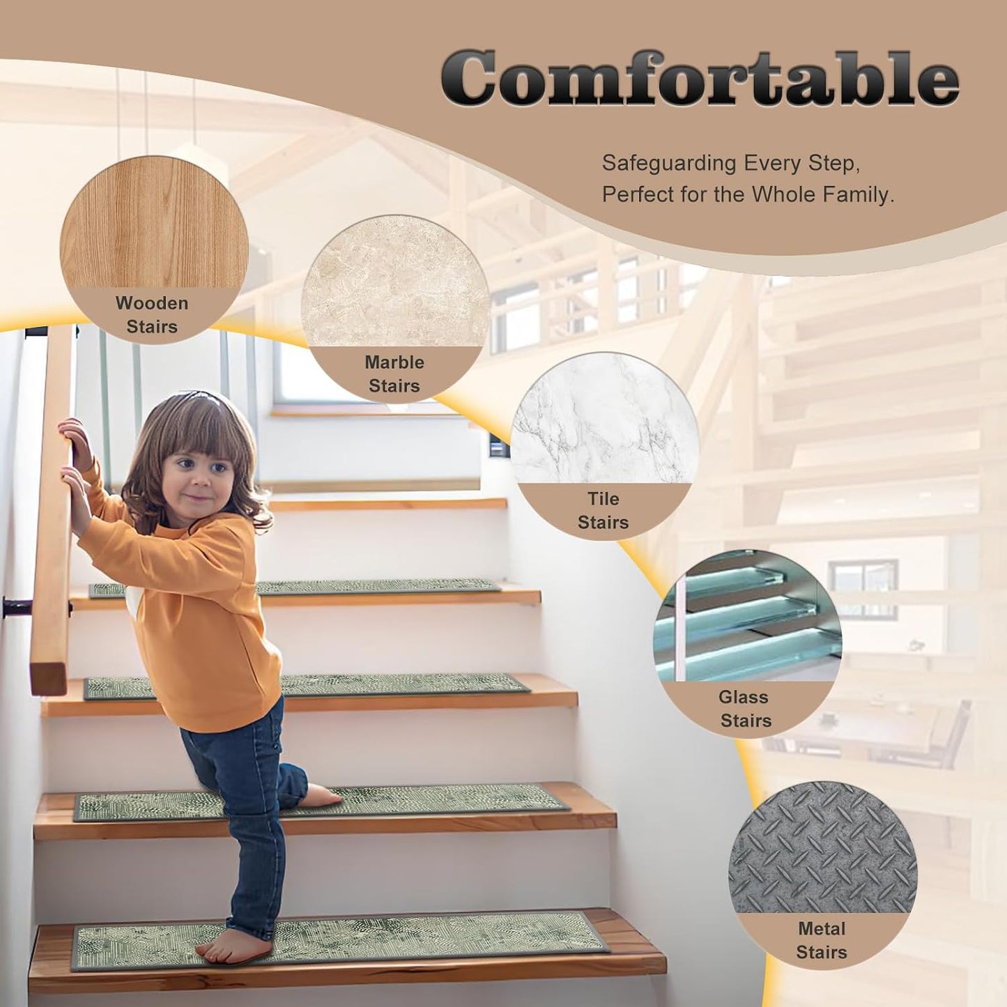 Non Slip Stair Treads for Wooden Steps, 15 Pack 8"x30" Washable Carpet | 8x30 in soft chenille polyester stair treads with reusable TPE backing for indoor wood stairs, dogs, kids, and seniors