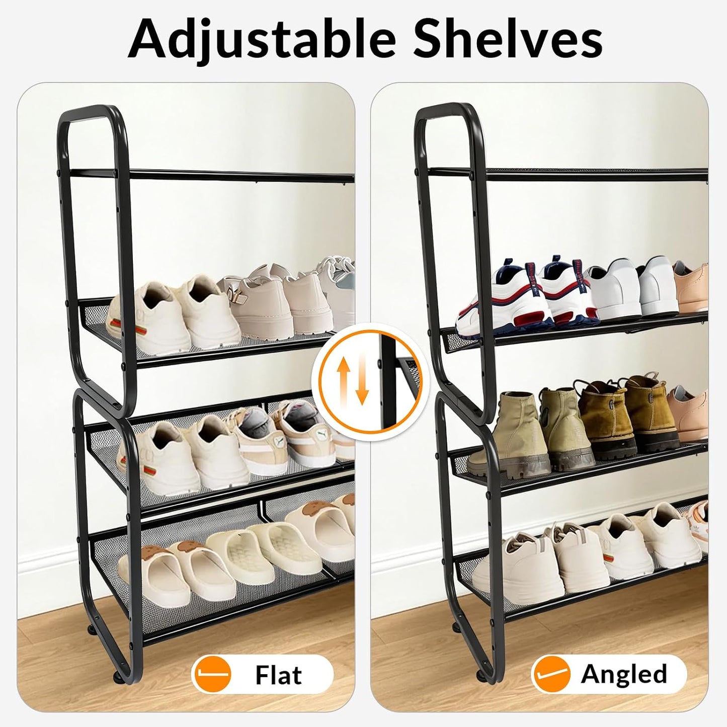 4 Tiers Metal Shoe Rack for Entryway Closet Hallway Bedroom Garage | Shoe Storage Organizer, Mesh Shoe Shelves, Freestanding, Stackable, Adjustable, Rustproof Black