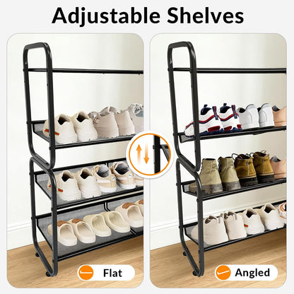 4 Tiers Metal Shoe Rack for Entryway Closet Hallway Bedroom Garage | Shoe Storage Organizer, Mesh Shoe Shelves, Freestanding, Stackable, Adjustable, Rustproof Black