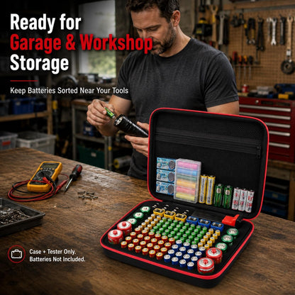 ALKOO 136+ Battery Organizer Storage Case with BT-168 Tester | AA AAA C D 9V & Button Cells Batteries Holder Box, Foam Protection, Home / Garage / Drawer Organization, Case Only, Red