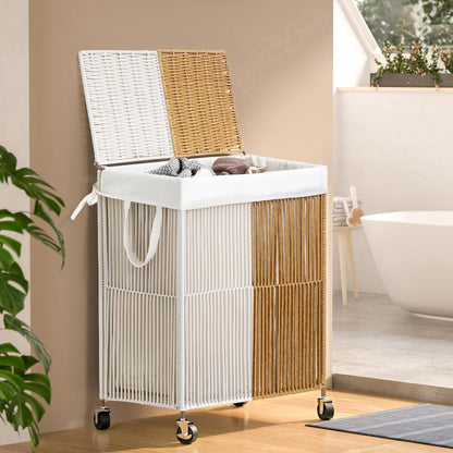 WOWLIVE Laundry Hamper with Wheels, 160L Handwoven Rolling Laundry Basket 3 Section with Lid, Clothes Hamper with Removable Liner Bags, Large Capacity Laundry Sorter Laundry Room Organization, Natural