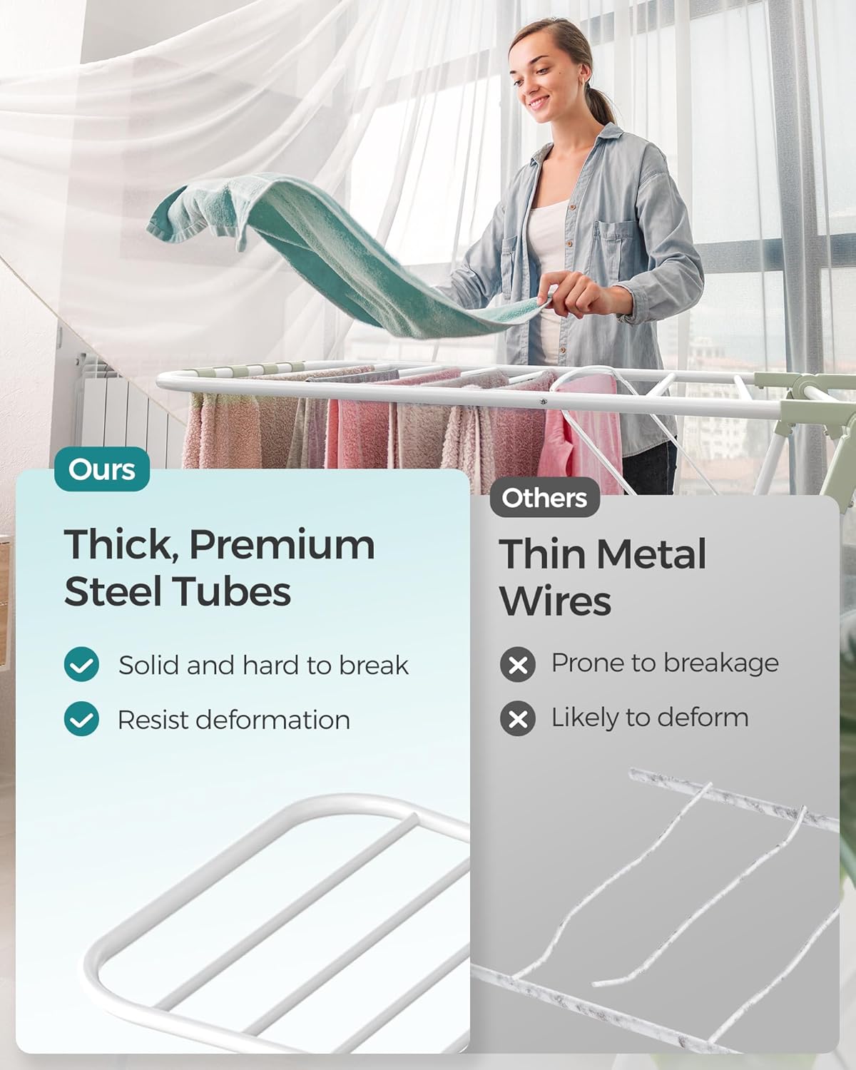 SONGMICS Clothes Drying Rack, Foldable 2-Level Laundry Drying Rack, Free-Standing Laundry Airer, with Height-Adjustable Wings, 33 Drying Rails, Sock Clips, Silver and Blue ULLR53BUV1