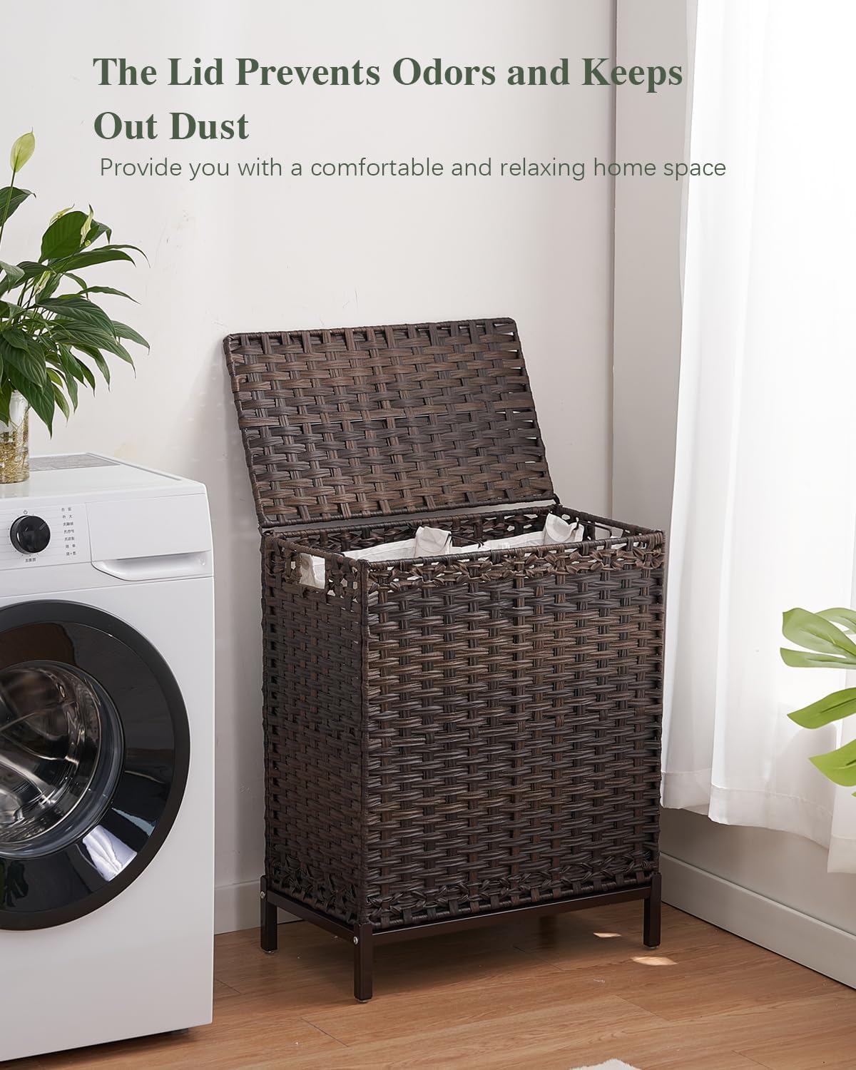 SETVSON Laundry Hamper with Lid 132 L, (35 Gallons) Clothes Hamper with Lid, Handwoven Rattan Laundry Hamper with Metal Heightened Feet, Laundry Hampers with 3 Removable Liner Bags for Laundry-Natural