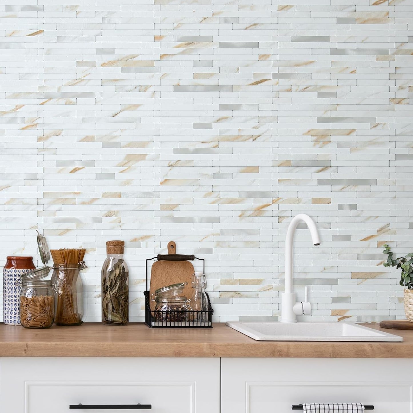 AULIGET 20 Sheets Peel and Stick Backsplash, Black & Grey Wood Look PVC Mixed Metal Stick on Backsplash Tiles for Kitchen