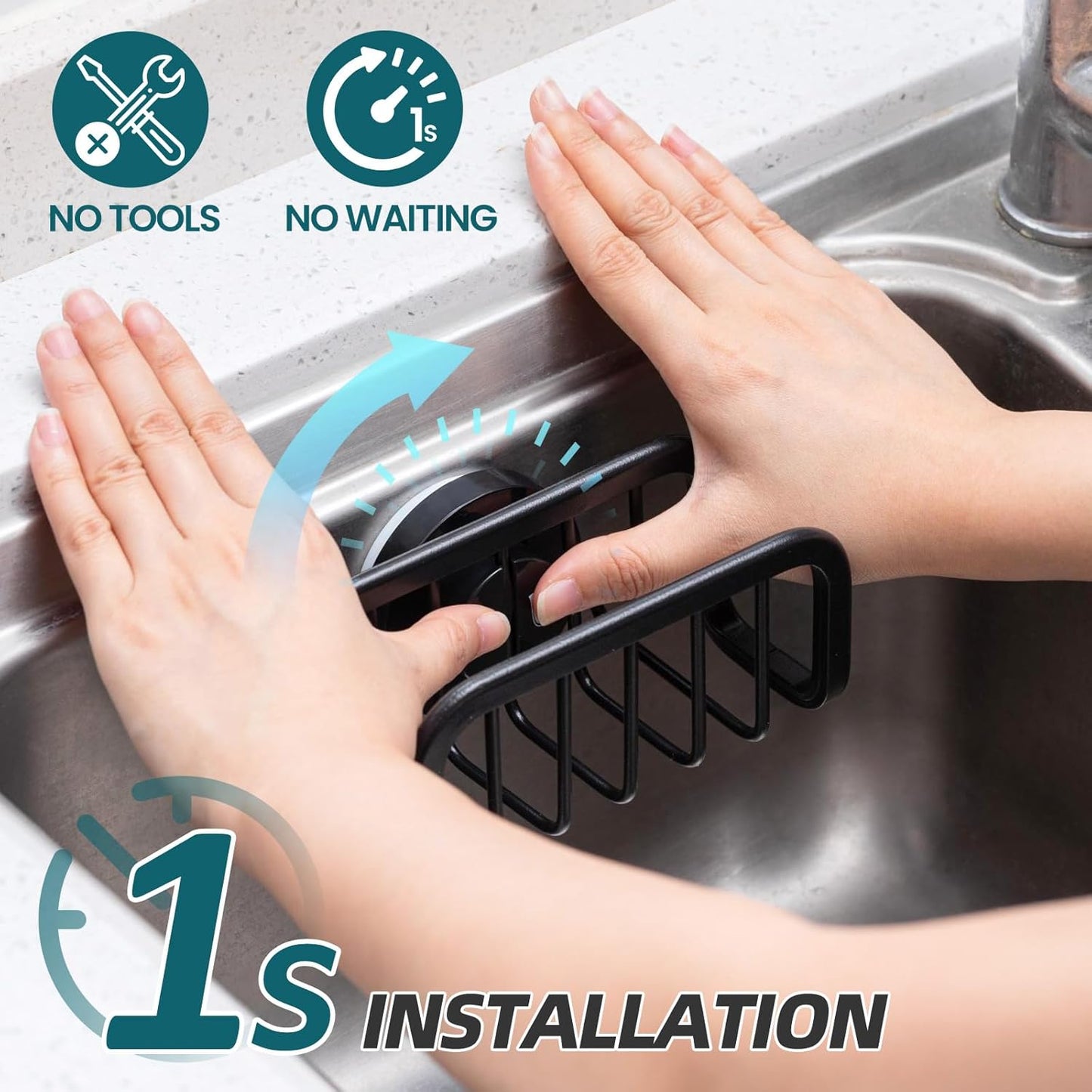 TAILI Sponge Holder with Strong Suction Cup, Dish Sponge Caddy Inside Sink Removable, Rustproof Aluminum for Sponges, Brushes, Stoppers and Scrapers - Black