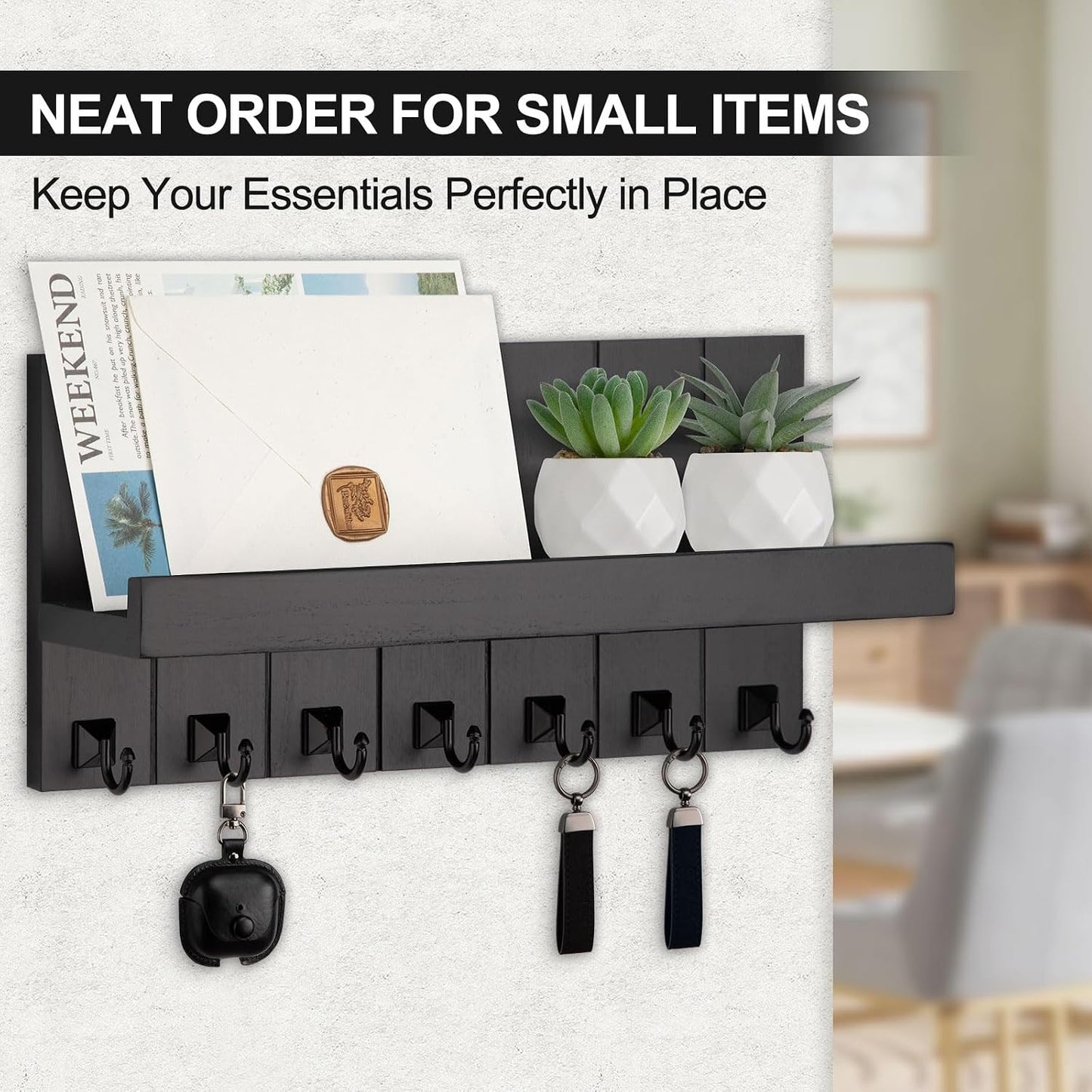 Key Holder for Wall, Decorative Key Holder with Shelf, Key and Mail Holder Wall Mount, Farmhouse Decor with 5 Key Hooks for Keys, Coats, ect.