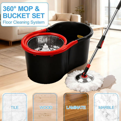 Spin Mop and Bucket with Wringer Set, 360°Rotating Head Mop Bucket System, 3 Replacement Mop Heads for Floor Cleaning (Black & Red) (Three mop Heads)