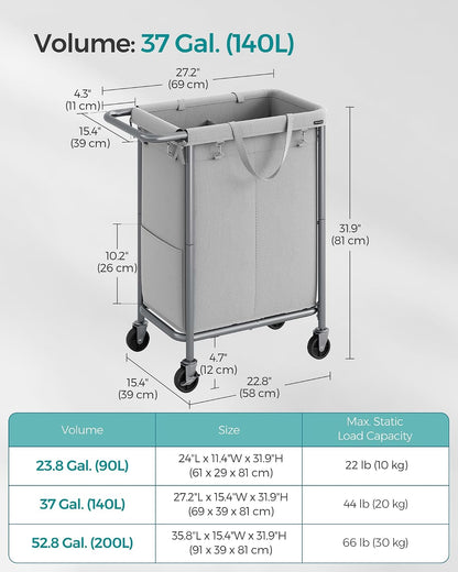 SONGMICS Laundry Basket with Wheels, 3-Section Rolling Laundry Hamper, 52.8 Gallons (200 L), Removable Liner, Steel Frame with Handle, 35.8 x 15.4 x 31.9 Inches, Cream White URLS005W01