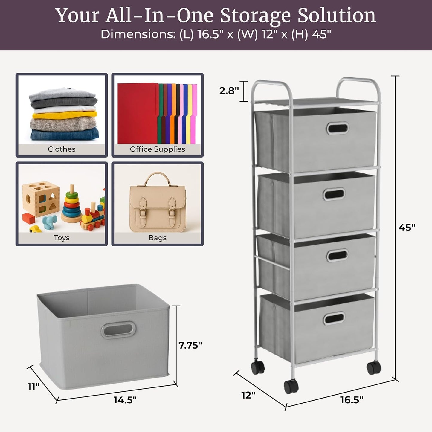 4-Drawer Fabric Dresser - Slim Clothes Storage Organizer with Wheels and Metal Frame - Rolling Cart for Closet, Home, or Office by Lavish Home (Gray)
