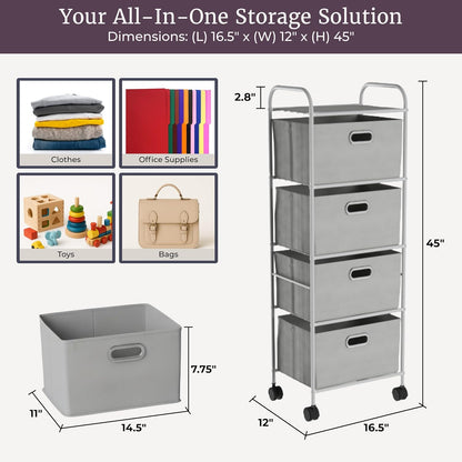 4-Drawer Fabric Dresser - Slim Clothes Storage Organizer with Wheels and Metal Frame - Rolling Cart for Closet, Home, or Office by Lavish Home (Gray)