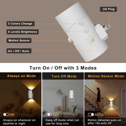 easuntec Motion Sensor Night Light, Night Lights Plug into Wall, Motion Sensor & Dusk to Dawn Sensor, 3 Light Modes, Dimmable Night Light for Bedroom Bathroom Hallway Stair (Black, 2 Pack)