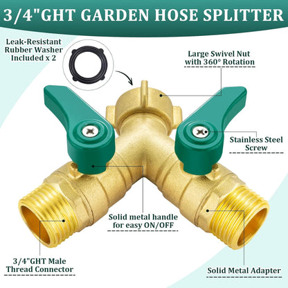 Garden Hose Splitter 2 Way, Heavy Duty Brass Hose Splitter, 3/4" GHT Hose Y Splitter with Shutoff, Full Flow Outdoor Faucet Splitter, Water Hose Y Valve Tap Adapter