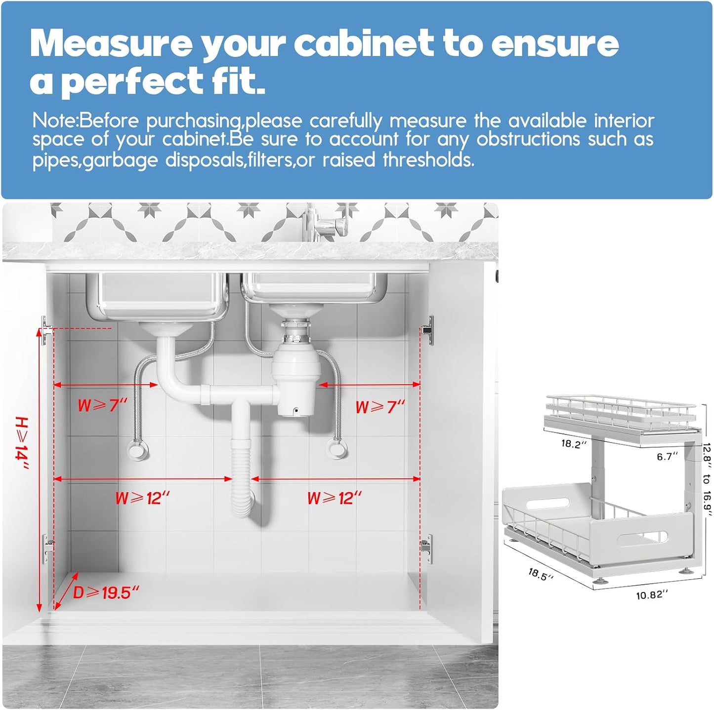 Under Sink Organizer Upgrade To Professional Rails,2-Tier Dual Pull Out Cabinet Storage,Height Adjustable Slide Out Drawers For Bathroom Kitchen,2 Pack-14.5" Dx12.8-16.9" H,White