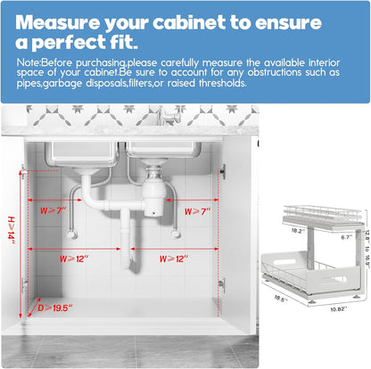 Under Sink Organizer Upgrade To Professional Rails,2-Tier Dual Pull Out Cabinet Storage,Height Adjustable Slide Out Drawers For Bathroom Kitchen,2 Pack-14.5" Dx12.8-16.9" H,White