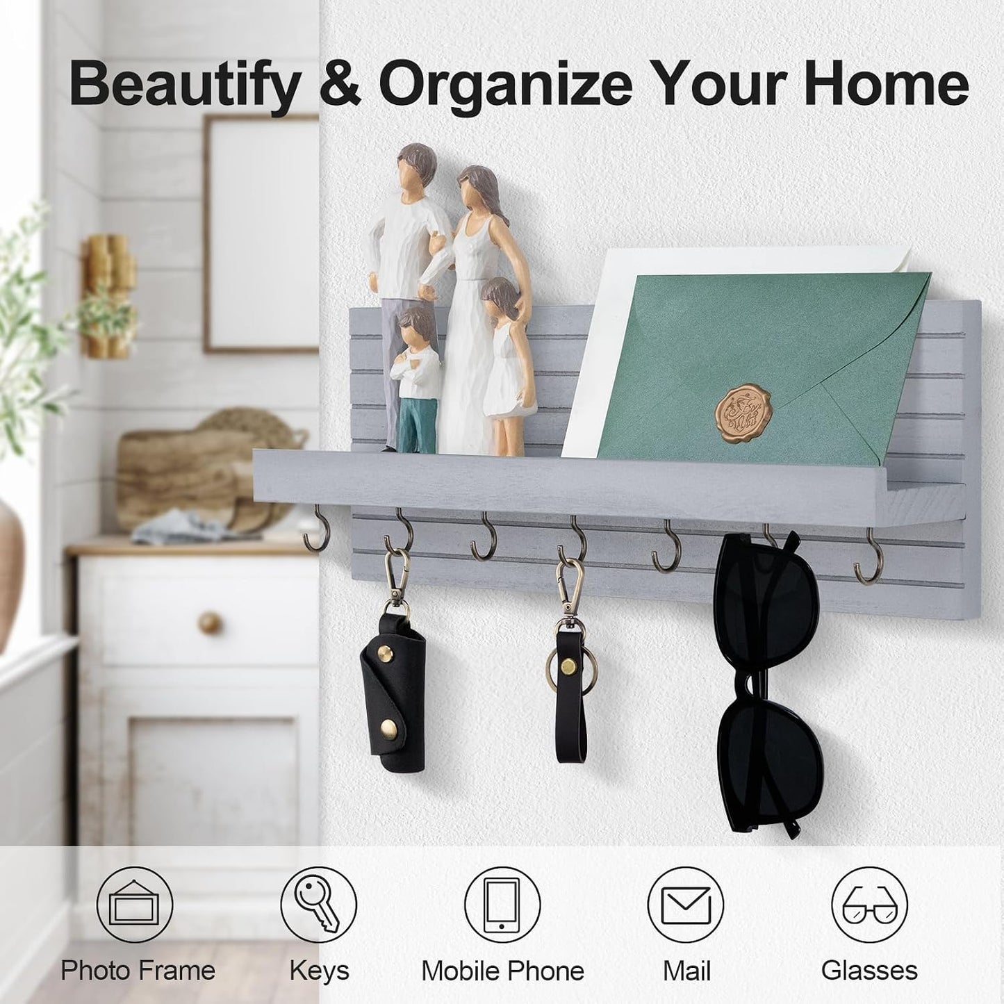 Lwenki Decorative Key Holder for Wall with Shelf, Entryway Shelf with Hooks Holds Leashes, Jackets and Glasses – Sturdy Wood Keyholder Entrance Hanger with Mounting Hardware (Black, Medium)