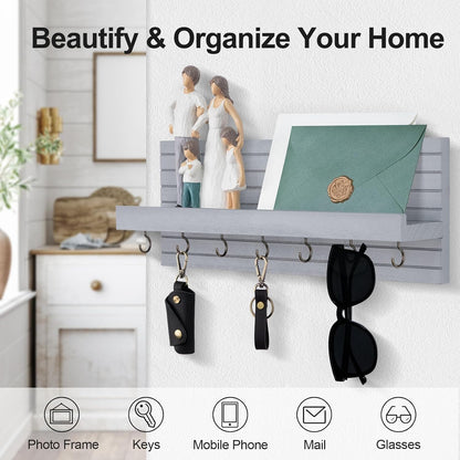 Lwenki Decorative Key Holder for Wall with Shelf, Entryway Shelf with Hooks Holds Leashes, Jackets and Glasses – Sturdy Wood Keyholder Entrance Hanger with Mounting Hardware (Black, Medium)