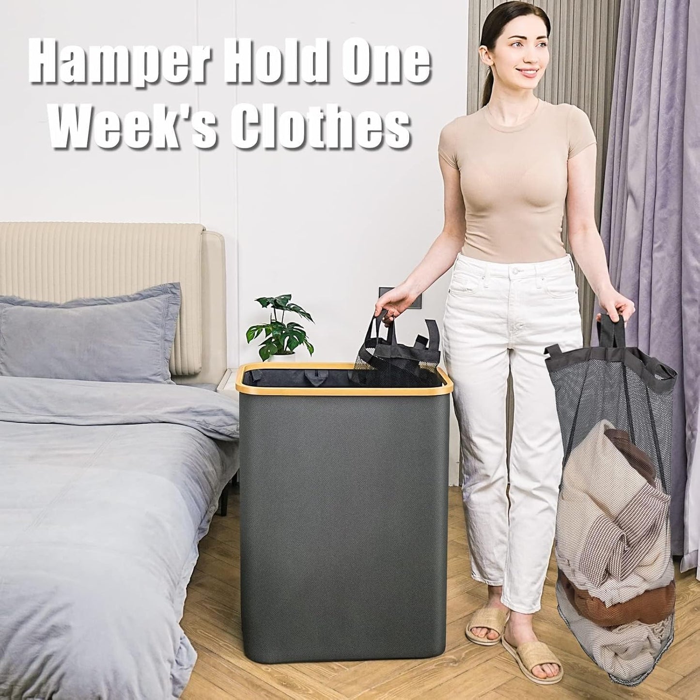 Hampers for Laundry Basket with Lid, 160L Extra Large 3 Section Clothes Divided Organizer for Bedroom, Laundry Room, Dirty Clothing Hamper, Black