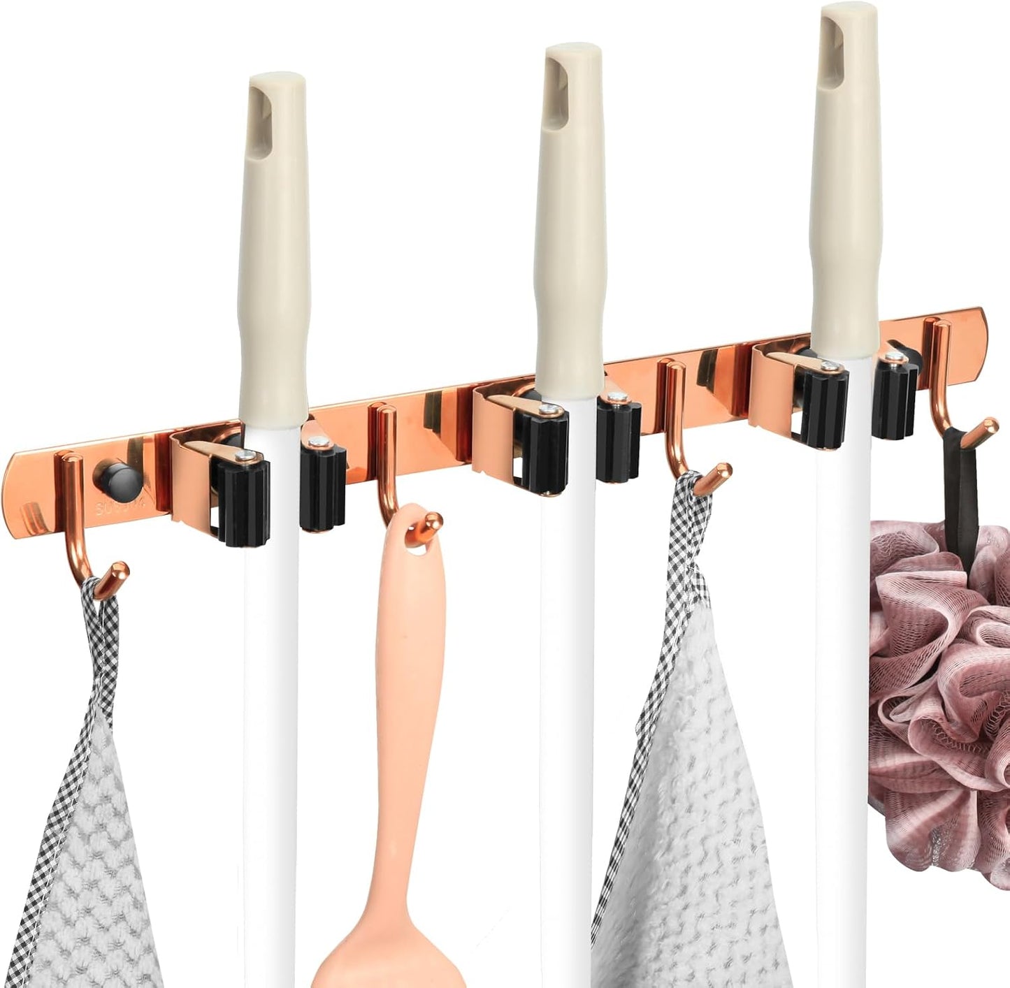 3 Racks and 4 Heavy Duty Hooks Mop and Broom Holder Wall Mount, Non-slip Organizer Storage Utility Tool Racks for Garage,Kitchen,Laundry Room,Garden. Gold