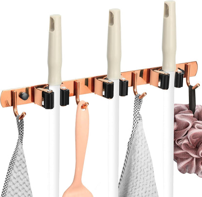 3 Racks and 4 Heavy Duty Hooks Mop and Broom Holder Wall Mount, Non-slip Organizer Storage Utility Tool Racks for Garage,Kitchen,Laundry Room,Garden. Gold