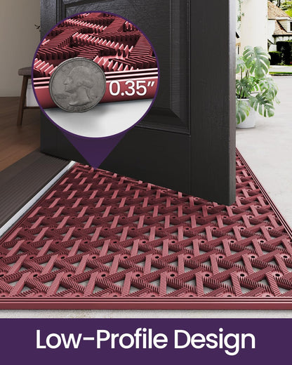 DEXI Front Door Mat Outside Entrance Rubber 19x30, Welcome Floor Doormat Heavy Duty Non Slip, Dirt Trapper Waterproof Exterior Entry Mats All Weather for Patio Entryway Drainage, Black