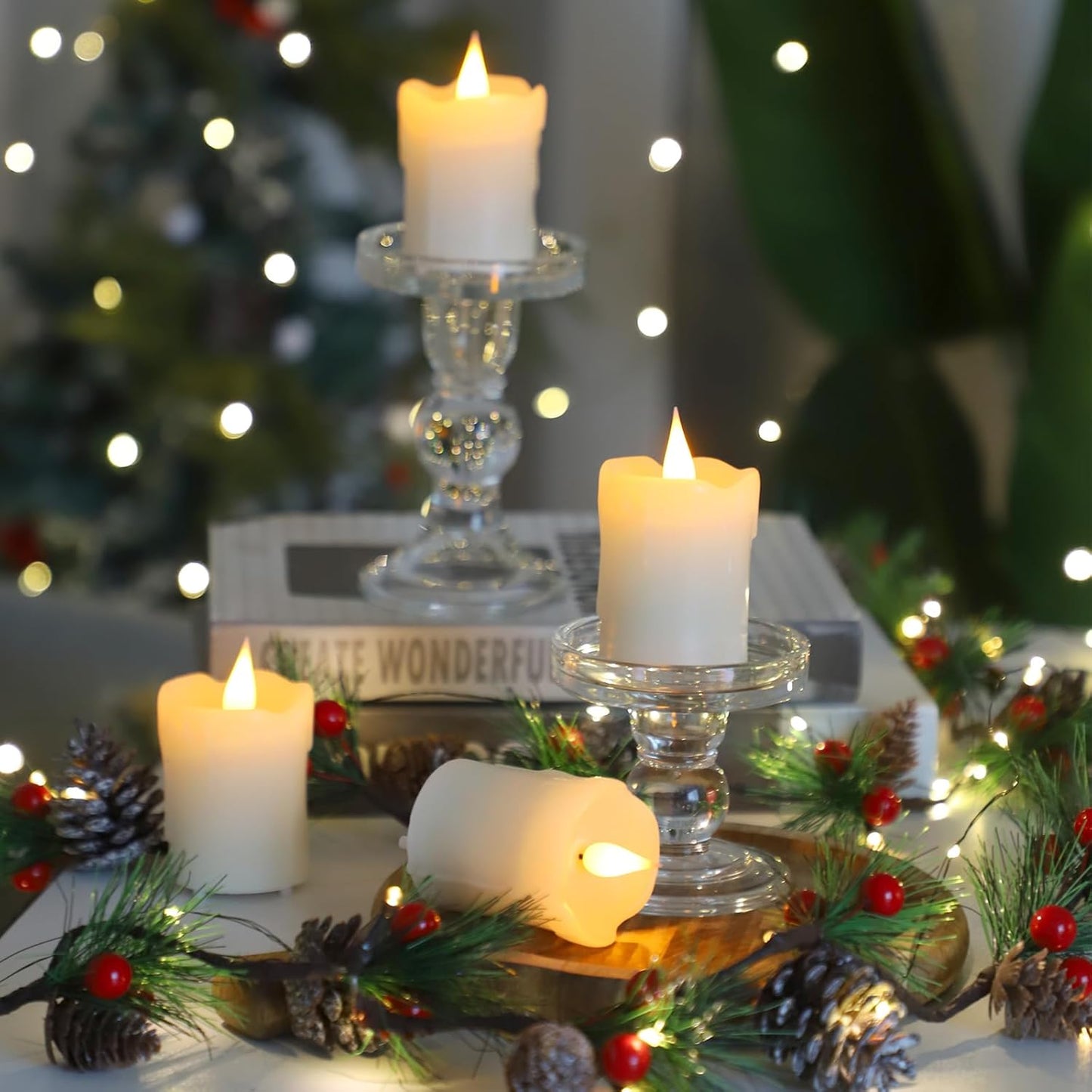 Lezonic Rechargeable Flickering Flameless Candles Battery Operated with Remote and Timer, Pack of 3(D 3'' X H 4''5''6'') Long Lasting Ivory White Real Wax LED USB Pillar Candles
