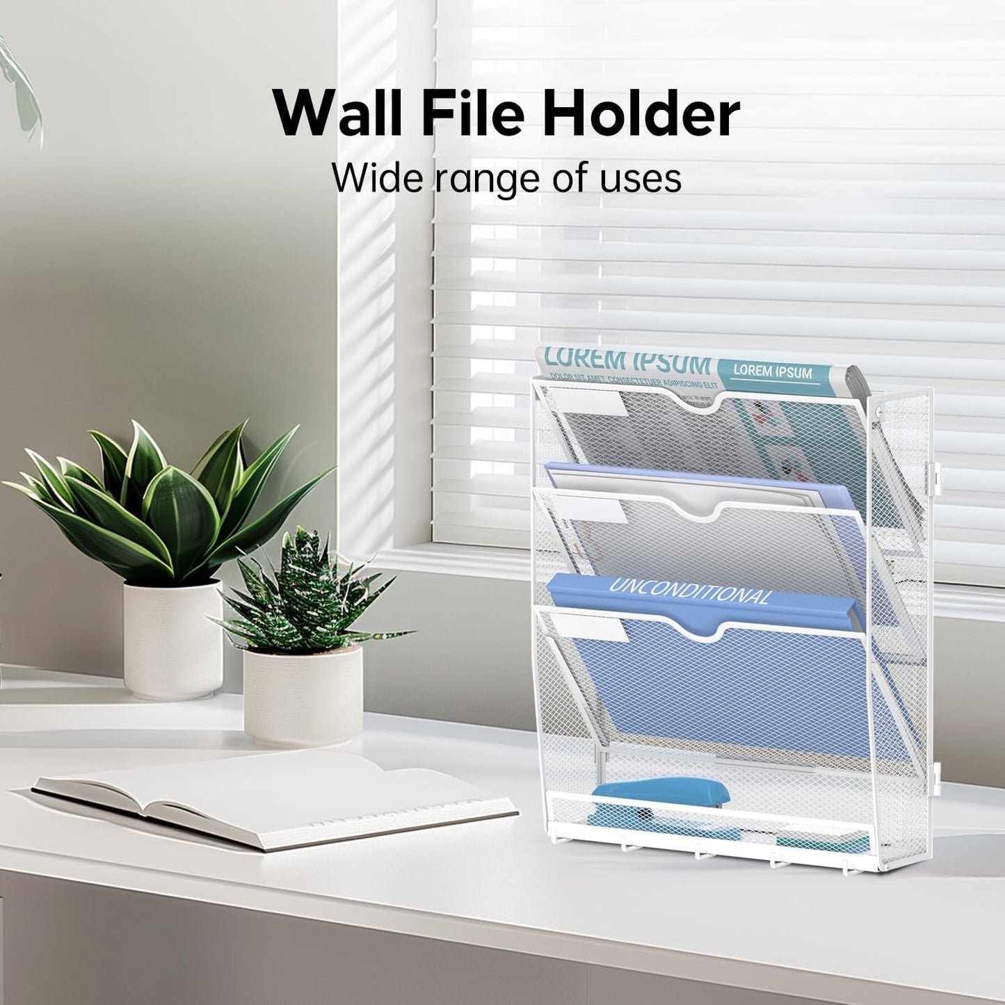 5 Tier Wall File Organizer - Hanging File Organizer with 5 Hooks, Mail Holder Wall Mounted for Papers, Folders, Magazines, Bills, Office&School Organization, Black